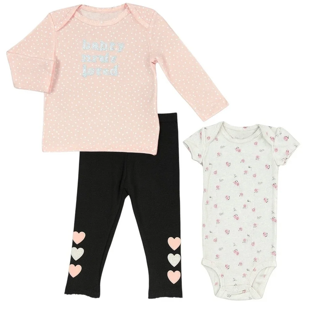 Carters Baby Girls 3pc Outfit Tops & Leggings Set Size 6 Months Pink-White-Black